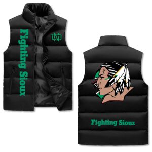 North Dakota Fighting Sioux Men's Personalized Hooded Puffer Vest - Customizable Quilted Winter Sleeveless Warm Jacket